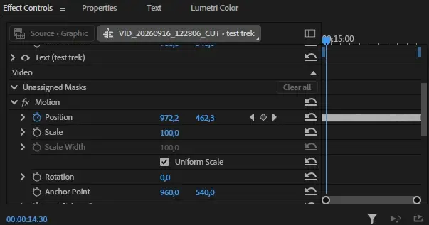 Premiere's Effect Controls panel showing Position keyframes written on the Motion effect of a text layer.